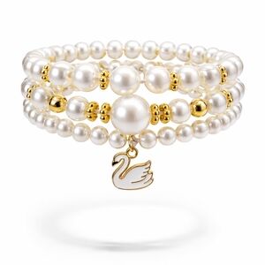 Elegant Pearl Stack Bracelet Set With Swan Charm